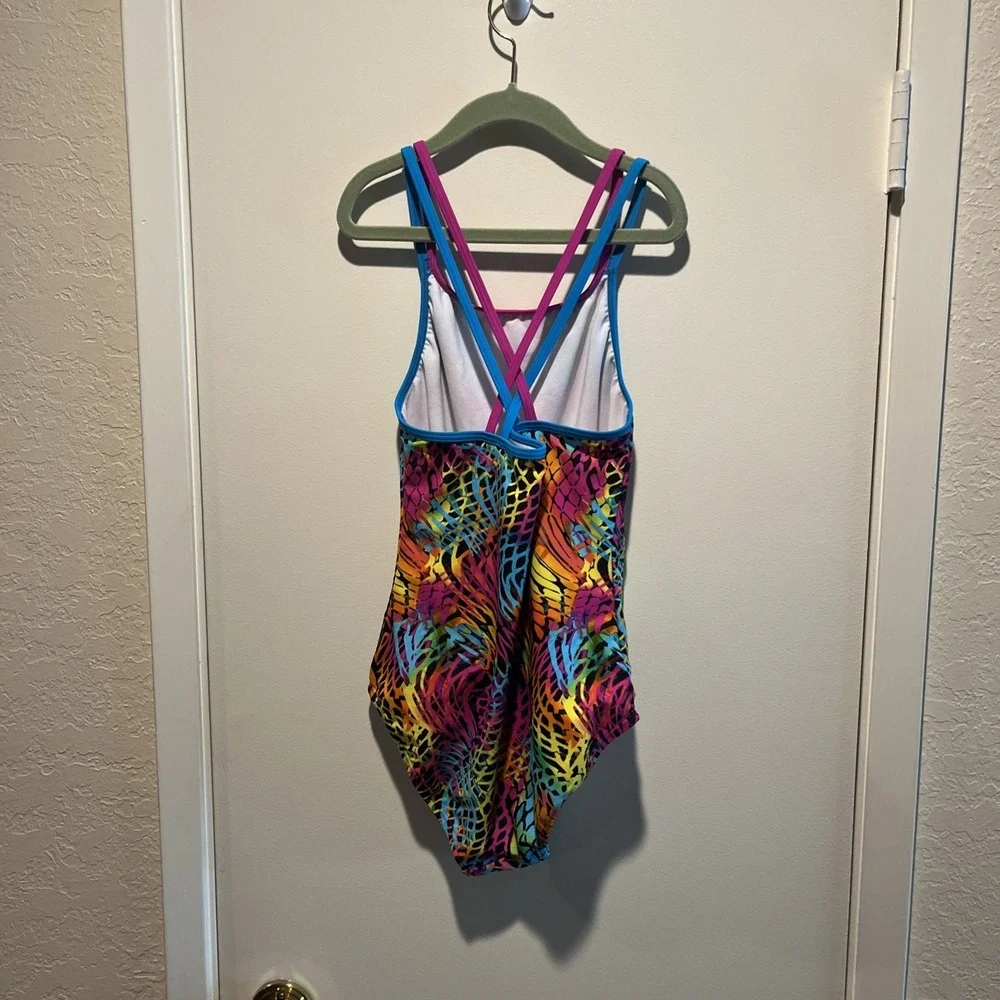 Speedo Girl's Swimsuit One Piece Multicolored Cross Back Multi Straps Size 14